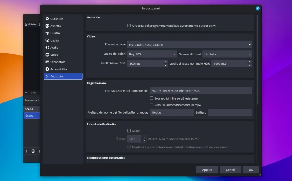 obs studio preferenze