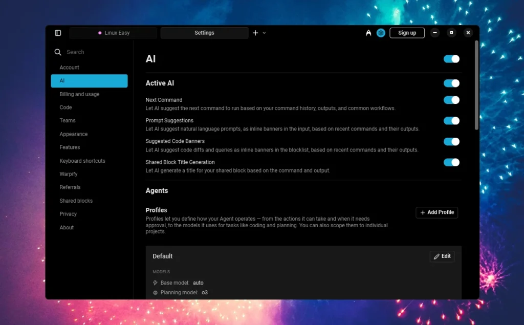 warp terminal preferenze