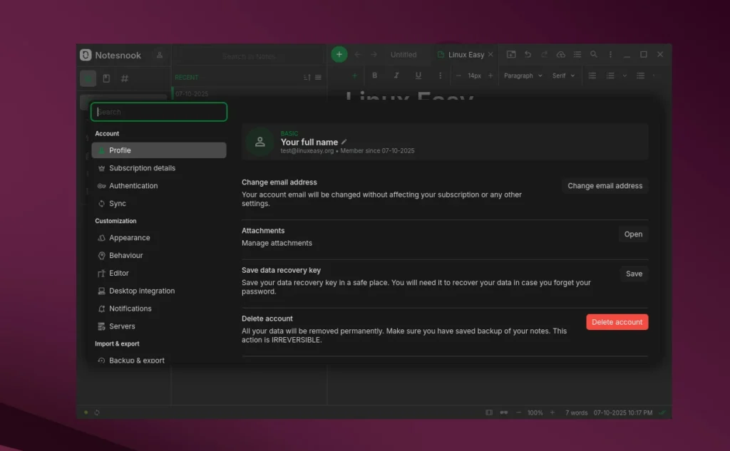 Notesnook preferenze