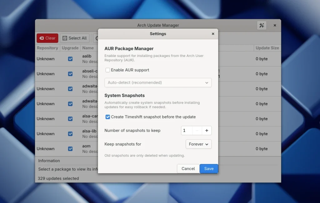 Arch Update Manager Settings