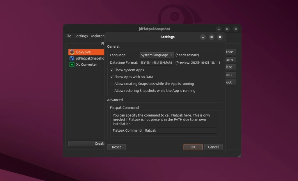 jdFlatpakSnapshot preferenze