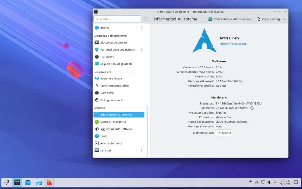 KDE Plasma 6.5 su Arch Linux
