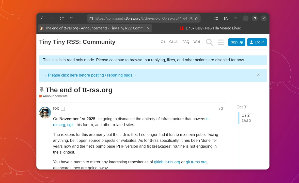 Scopri di più sull'articolo Chiude ufficialmente Tiny Tiny RSS