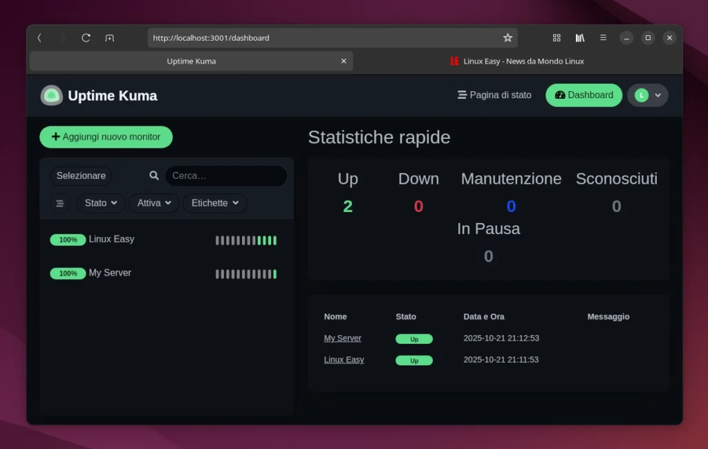 Uptime Kuma 2.0 su Linux