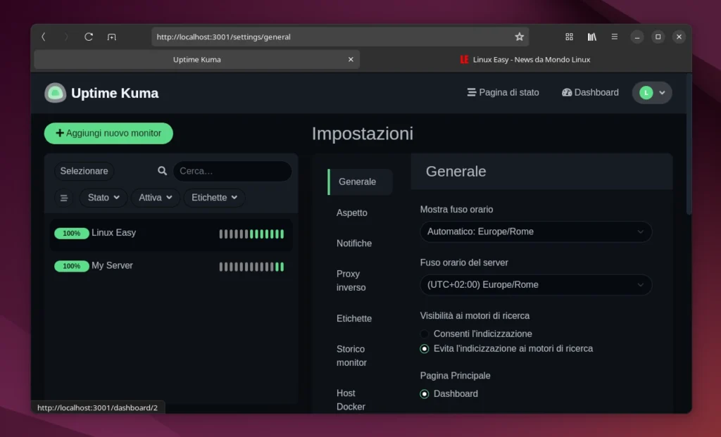 Uptime Kuma 2.0 Preferenze