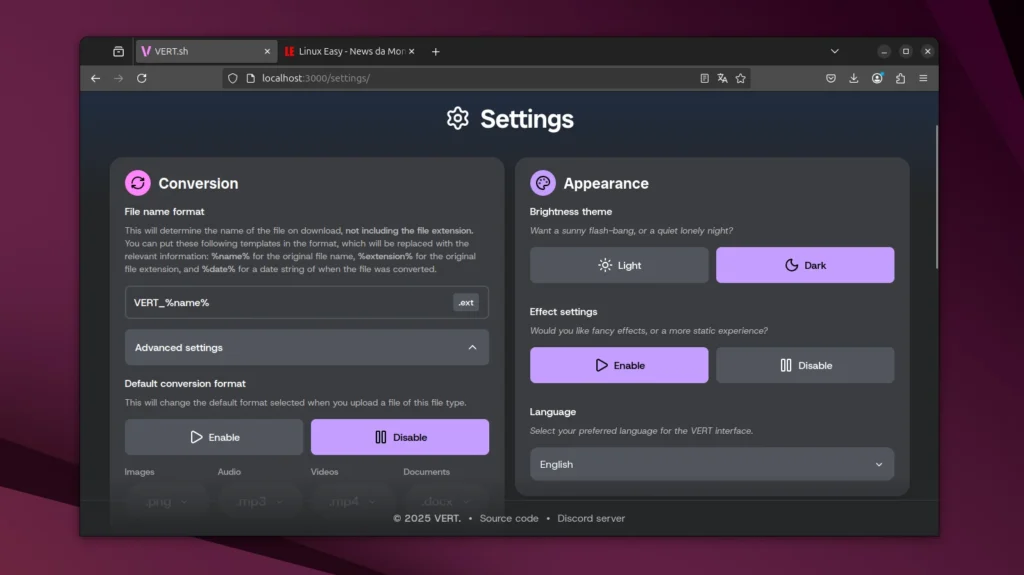 VERT su Linux - Preferenze