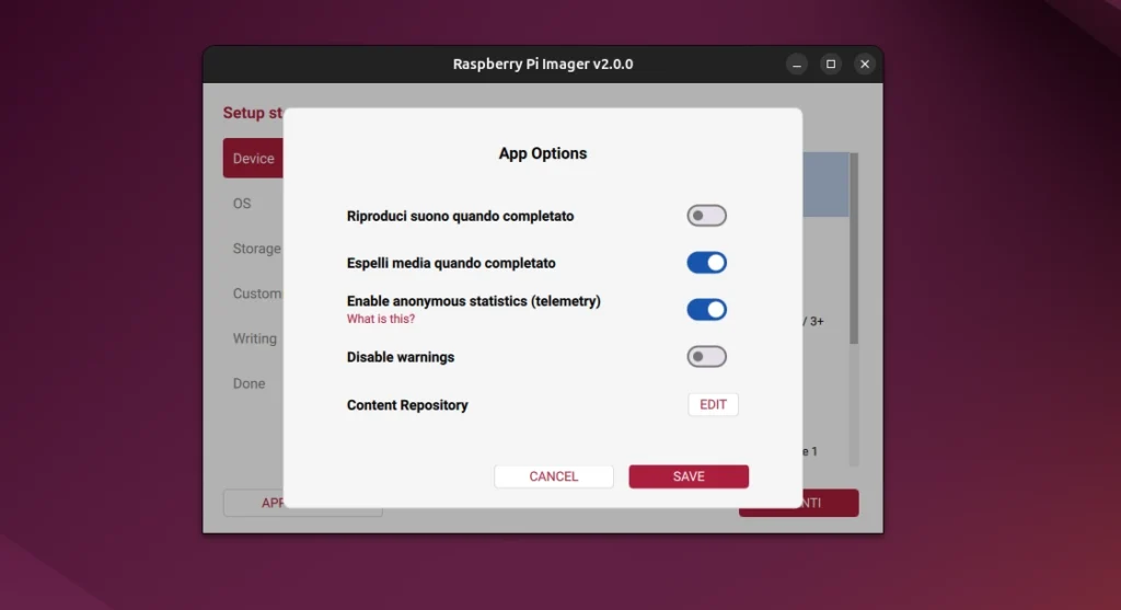 Raspberry Pi Imager 2.0 Preferenze