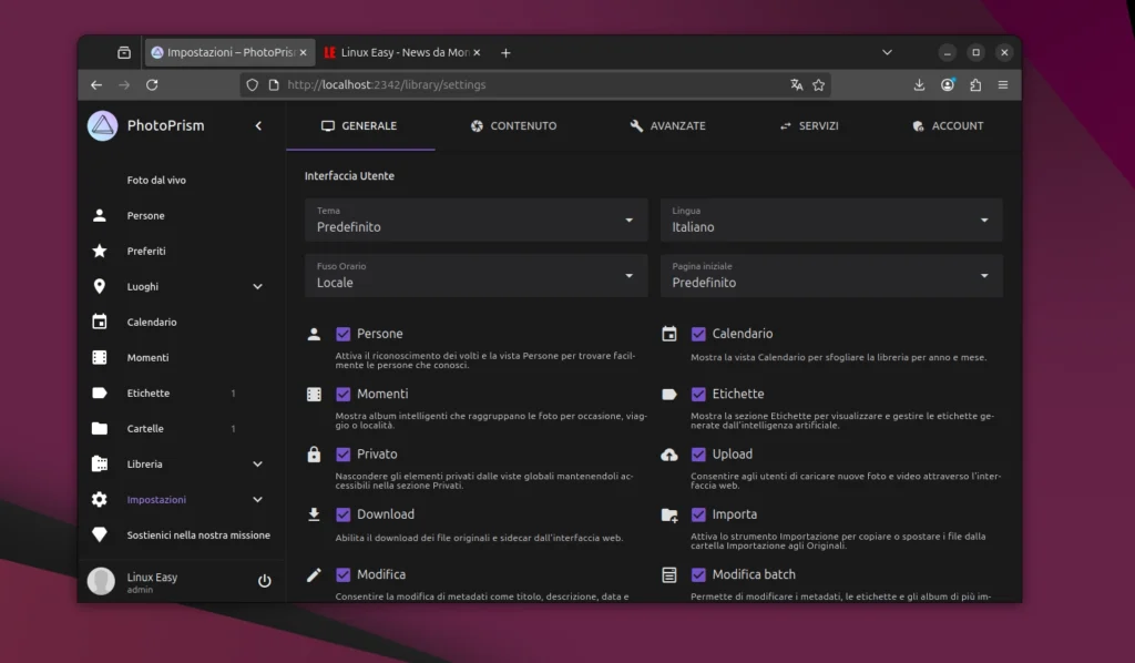 PhotoPrism Preferenze
