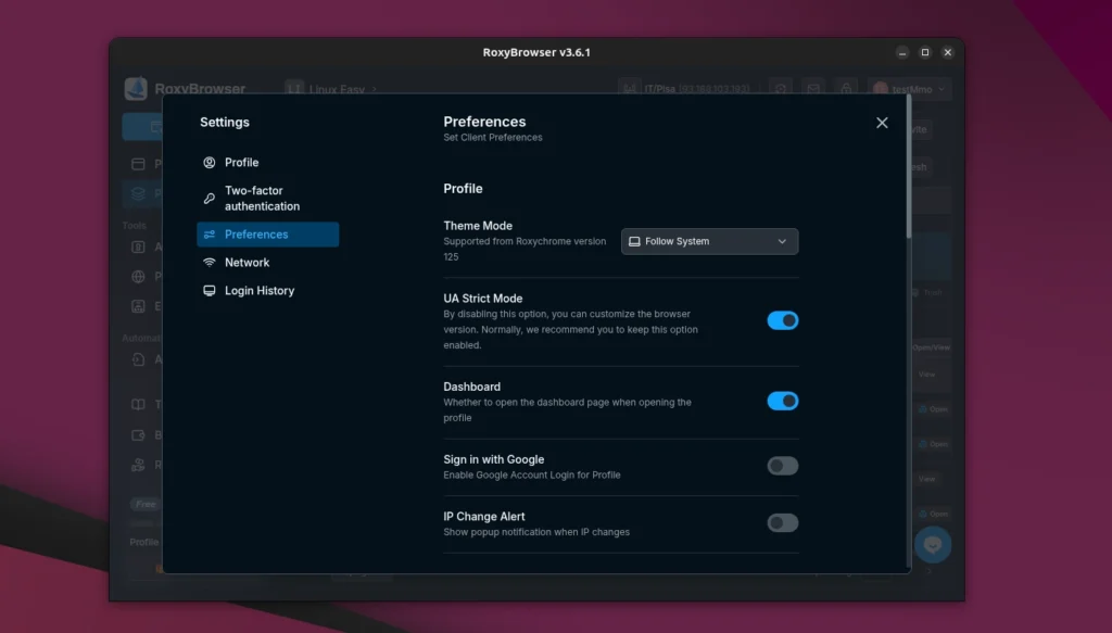 RoxyBrowser Preferenze