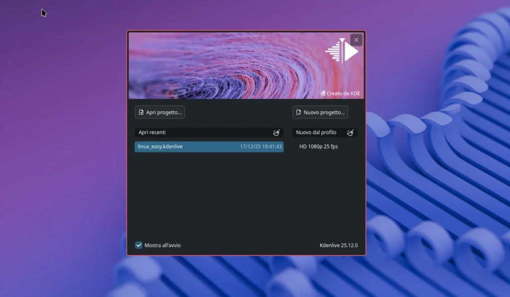 kdenlive 25.12 schermata benvenuto