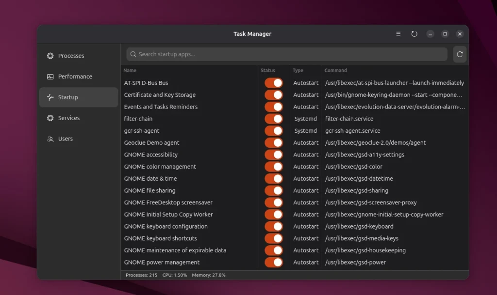 task manager linux startup