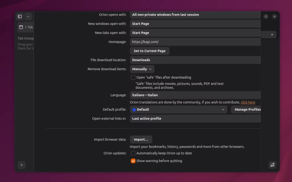 Orion Browser Linux Settings