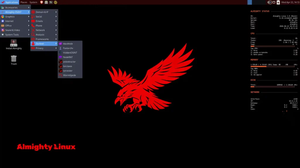 Almighty Linux Darknet menu