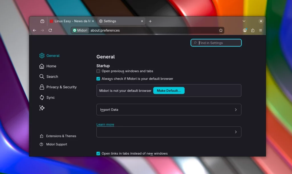 Midori Browser Settings