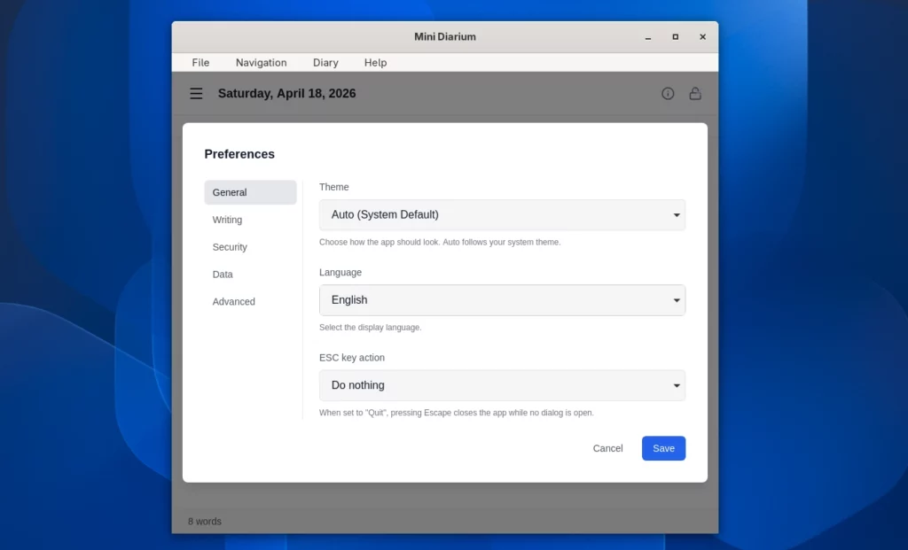 Mini Diarium Settings