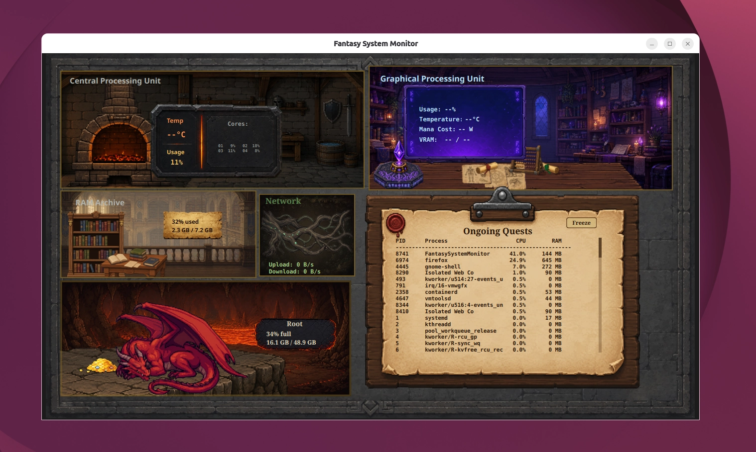 Scopri di più sull'articolo Fantasy System Monitor: monitora il sistema Linux con dashboard fantasy animata
