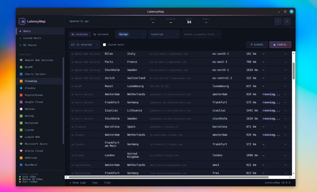 LatencyMap desktop app per testare latenza e traceroute verso cloud provider globali