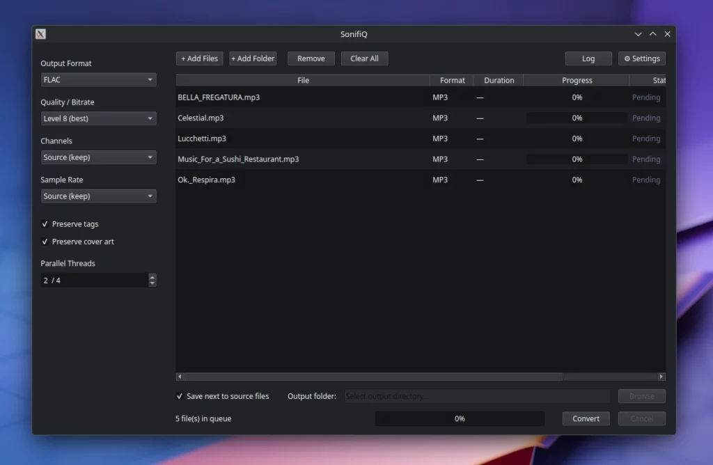 SonifiQ il convertitore audio multi‑threaded veloce e moderno per Linux