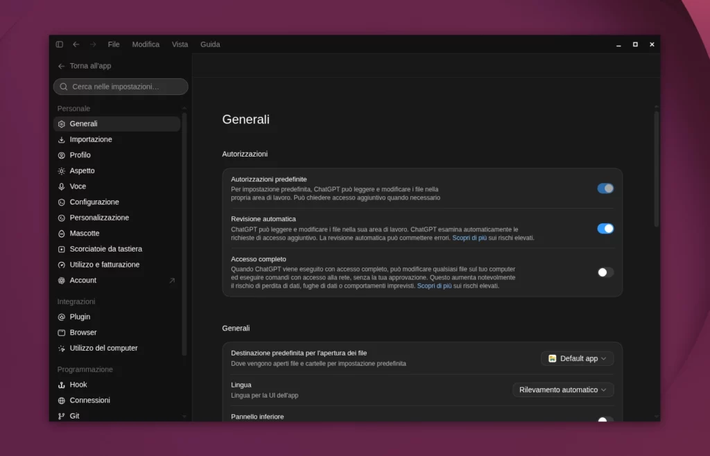 ChatGPT su Ubuntu Linux Settings
