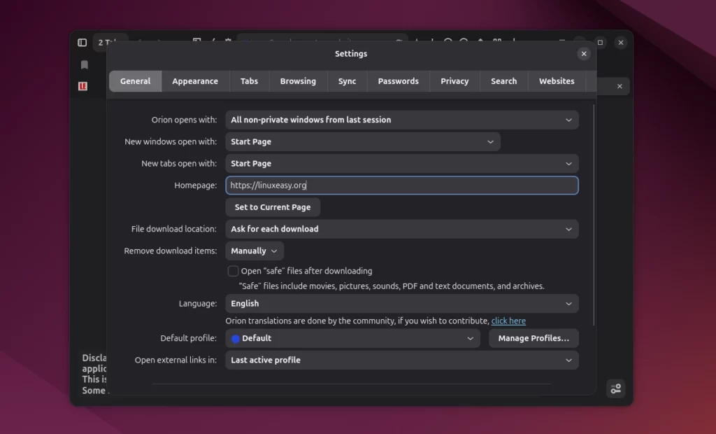 Orion for Linux Beta settings