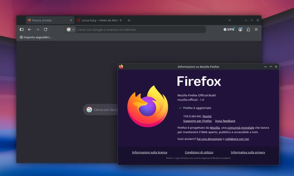 Mozilla Firefox 154 su KDE Linux