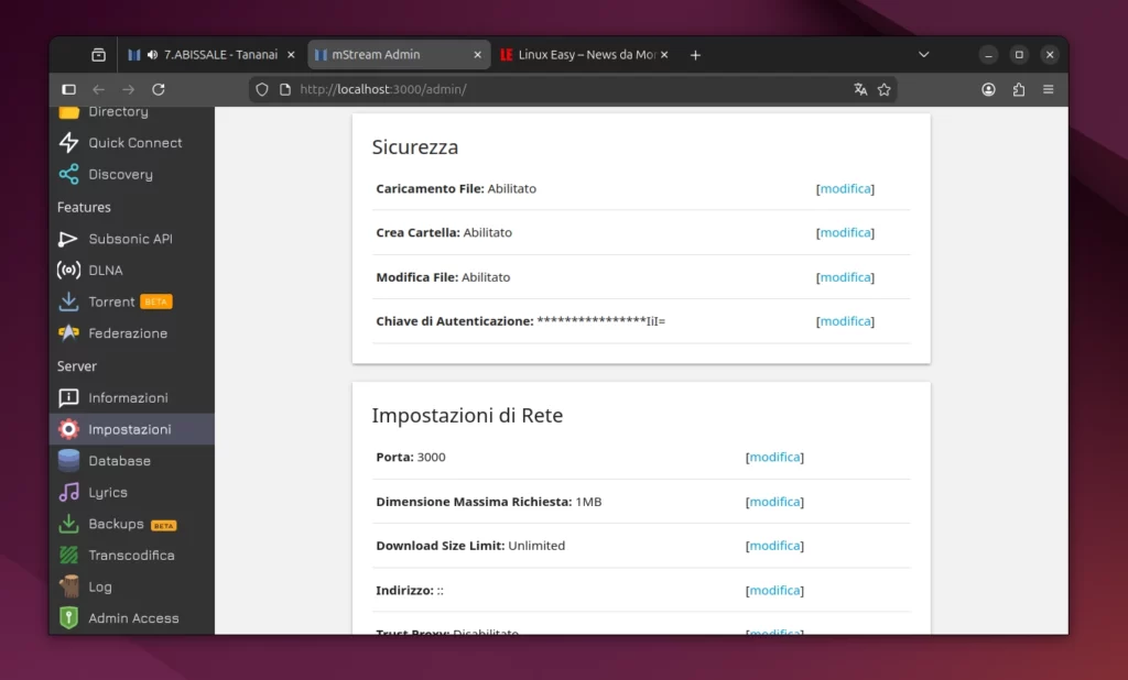 mStream Music Impostazioni